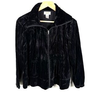 Talbots Womens Petites Black Velour Jacket Zip-up Pockets‎ Size 1X Loungewear